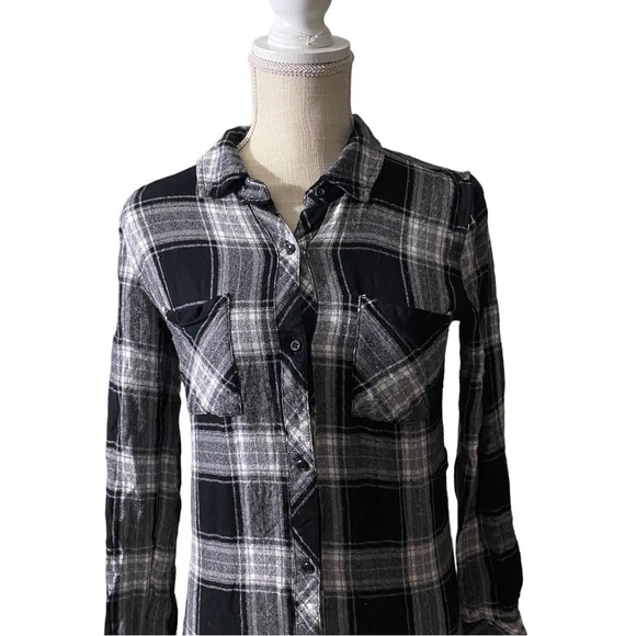 Rails Black Grey White Check Plaid Long Sleeve Button-Front Mini Dress Women XS - Picture 2 of 13